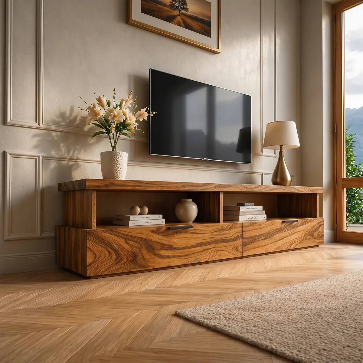 Modern Wood TV Stand with Open Shelves and 2 Drawers