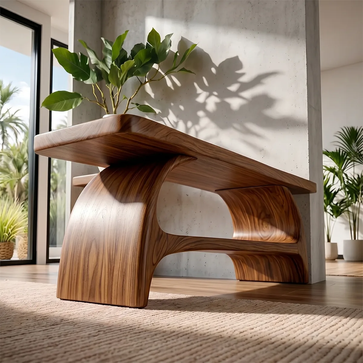 Handcrafted Solid Wood Entryway Bench with Sculptural Shelf for Modern Organic Interiors