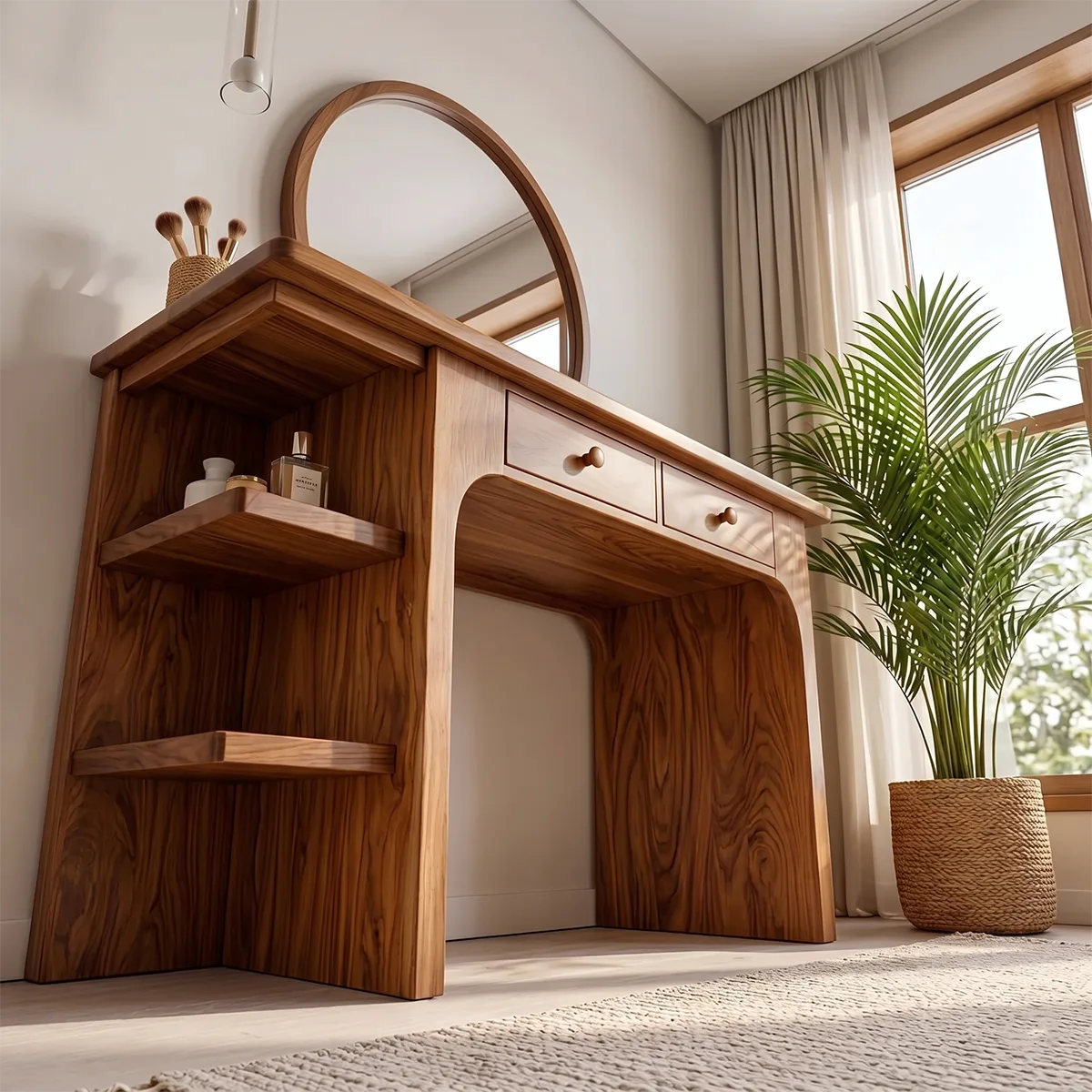 Scandinavian Solid Wood Vanity Desk with Mirror and Open Shelf Storage
