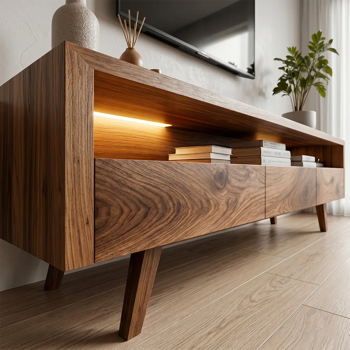 Modern TV Stand with Open Shelf and 3 Drawers