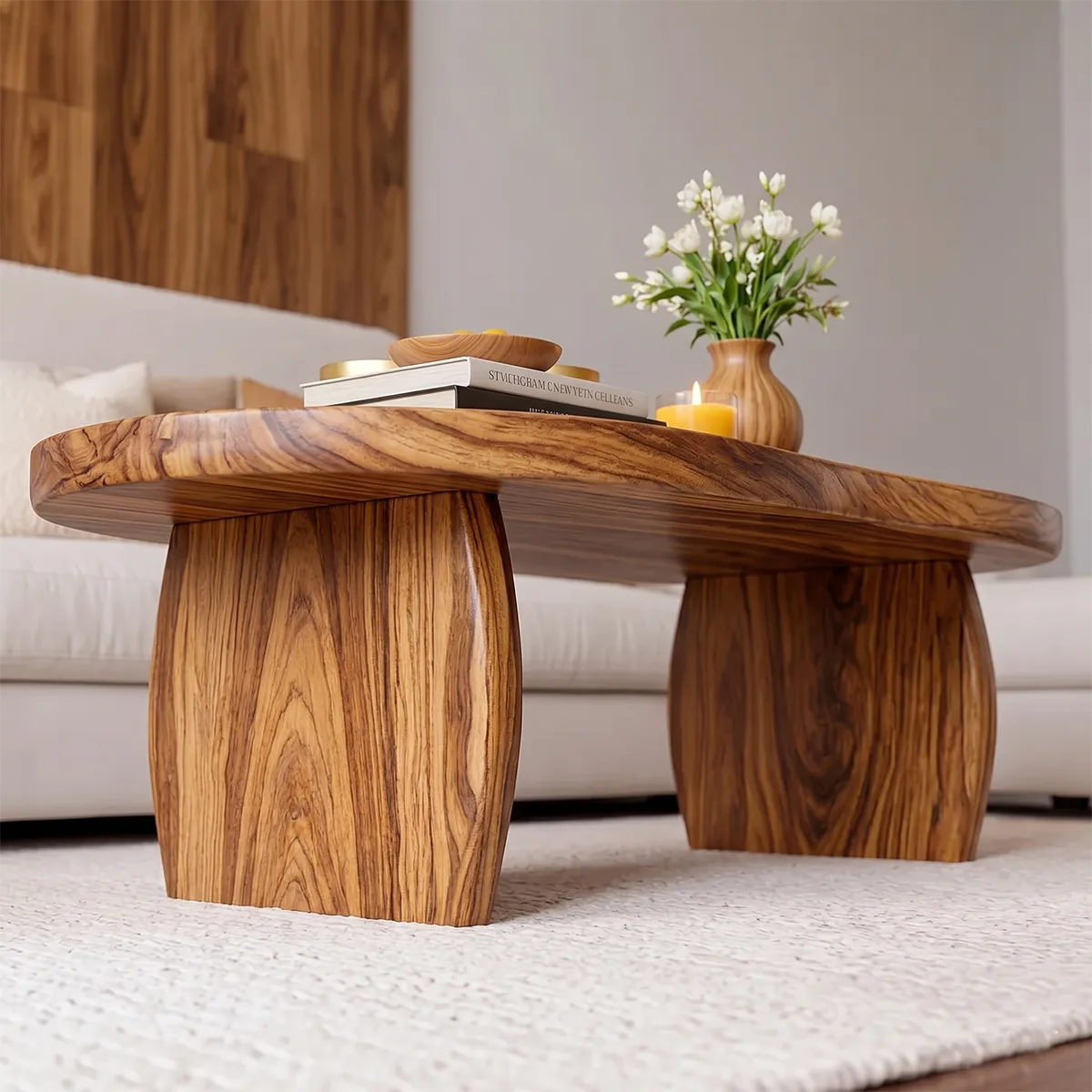 Modern Solid Wood Oval Coffee Table with Curved Slab Legs