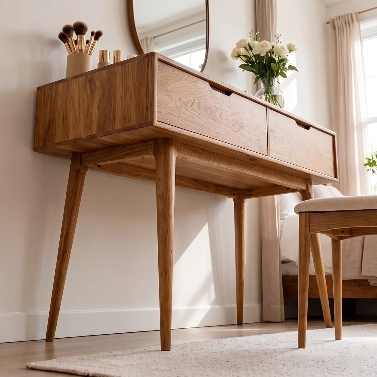 Minimalist Solid Wood Vanity Desk with Large Drawers and Oval Mirror