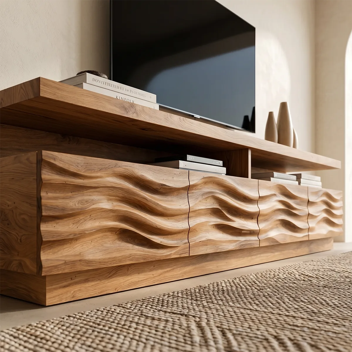 Wave Front TV Console with Open Shelves and 4 Drawers