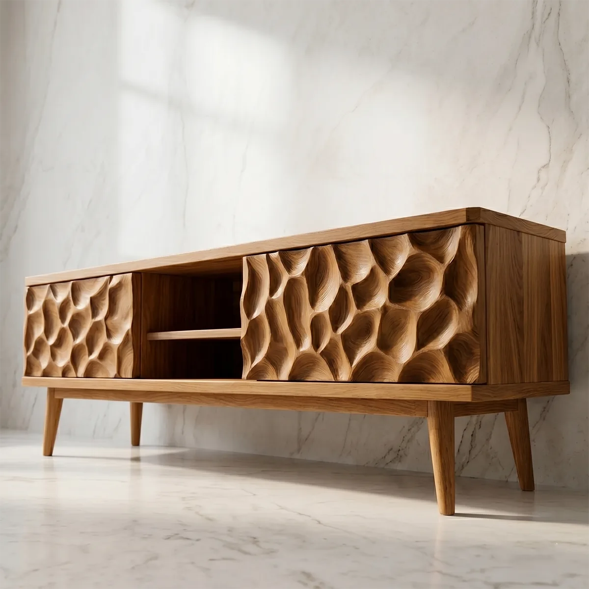 Sculpted Wood TV Stand with Open Center Shelves and Textured Doors