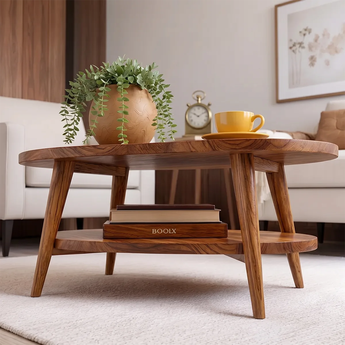Mid Century Modern Solid Wood Two Tier Oval Coffee Table