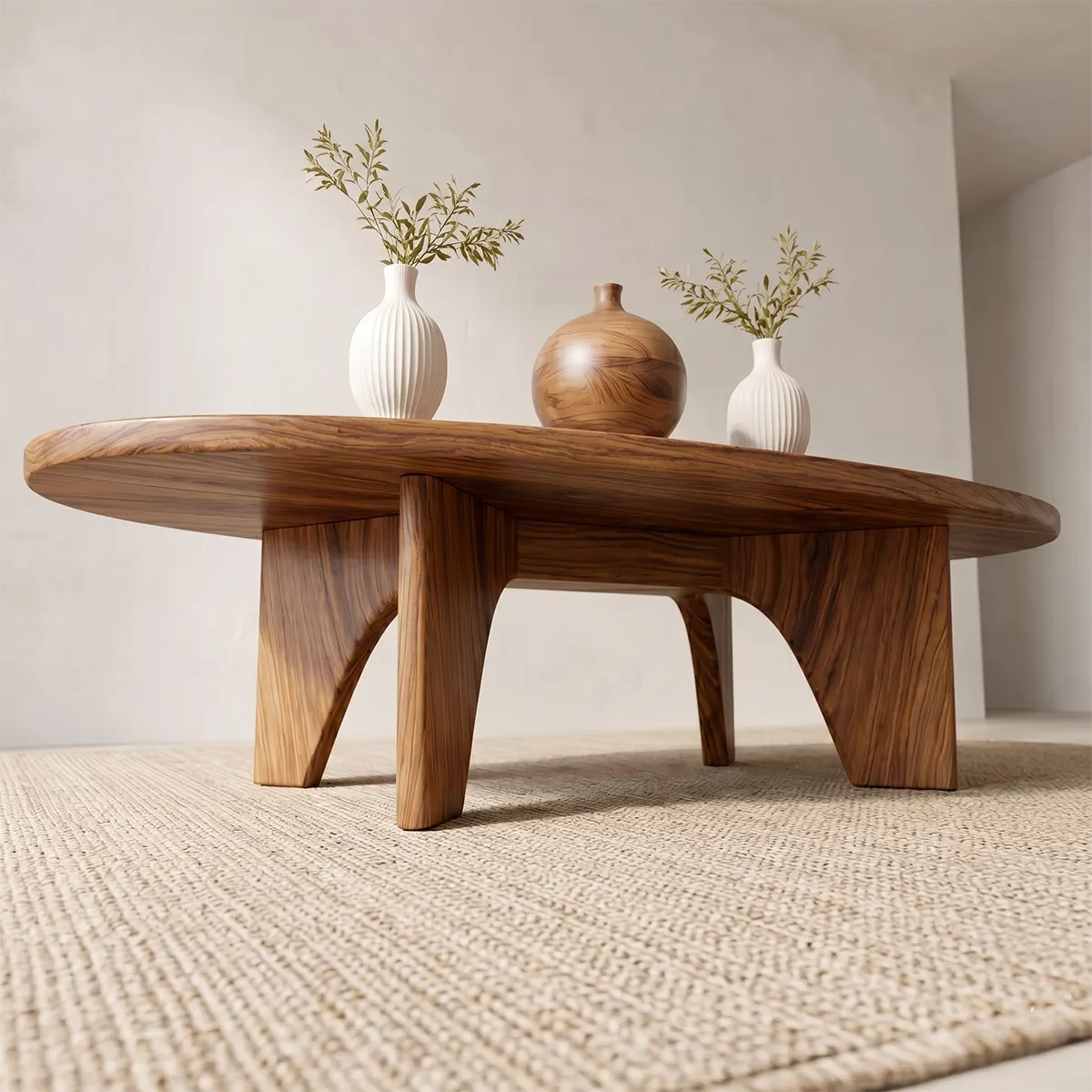 Modern Solid Wood Oval Coffee Table with Angled Slab Legs