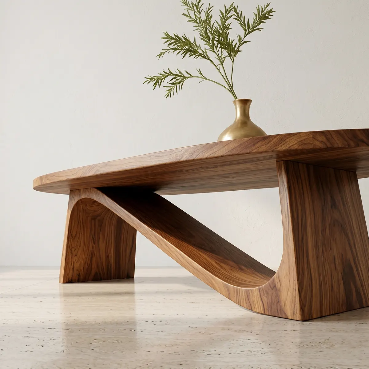 Modern Solid Wood Oval Coffee Table with Sculptural Sweeping Base