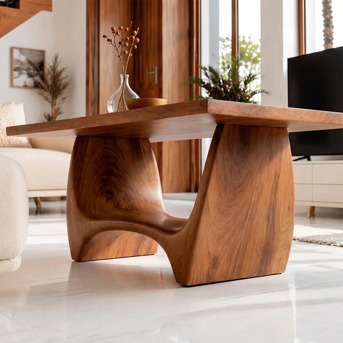 Modern Solid Wood Coffee Table with Sculptural Hourglass Base
