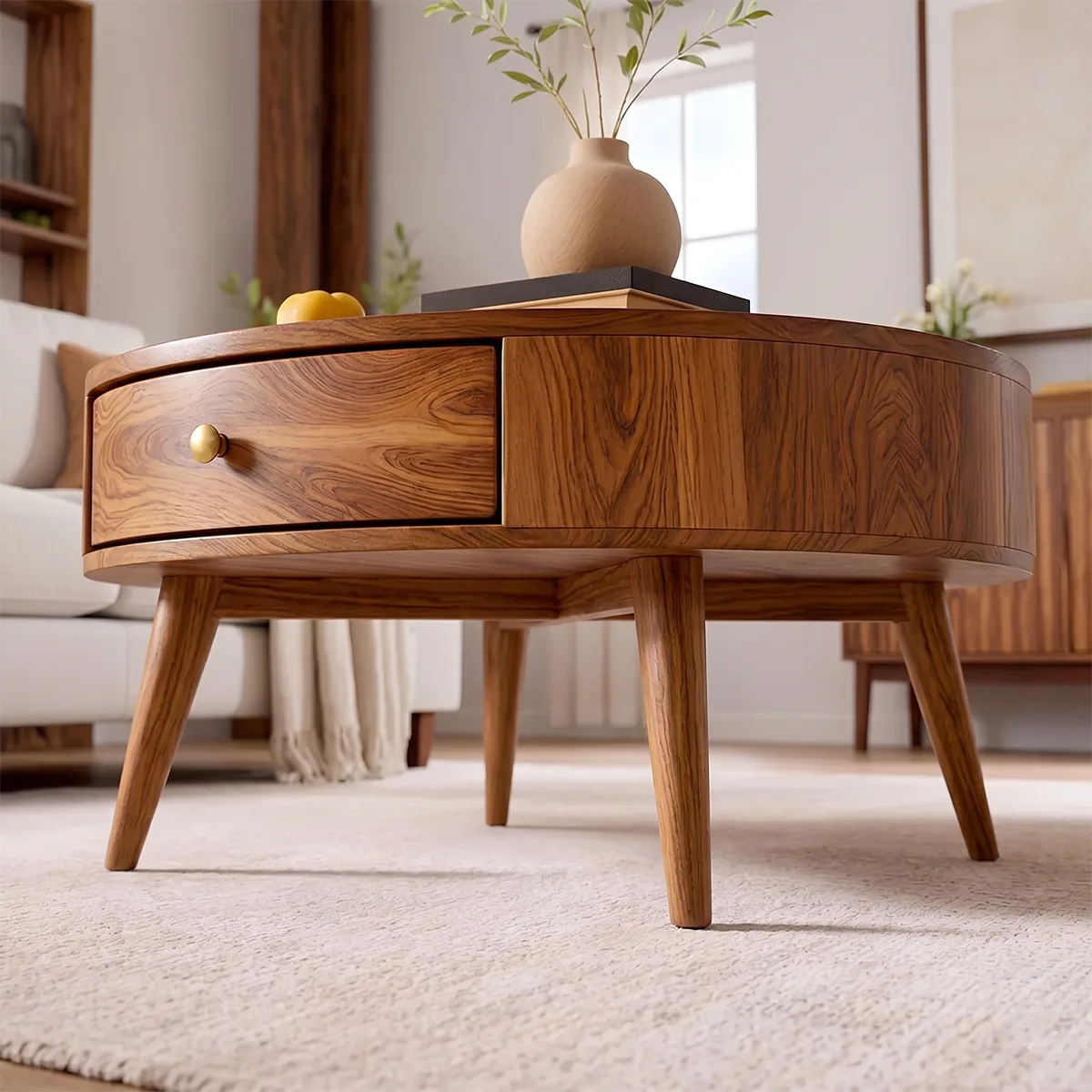 Mid Century Modern Solid Wood Round Drum Coffee Table with Drawer