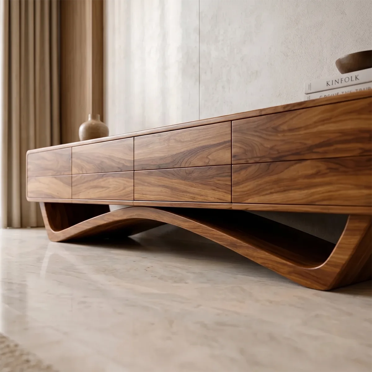 Modern Solid Wood TV Stand with Sculptural Sweeping Base