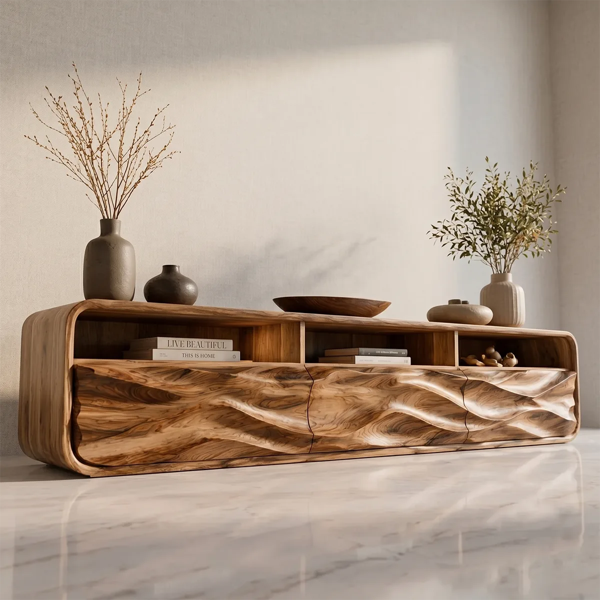 Mid Century Modern Solid Wood 3D Wavy Carved TV Stand