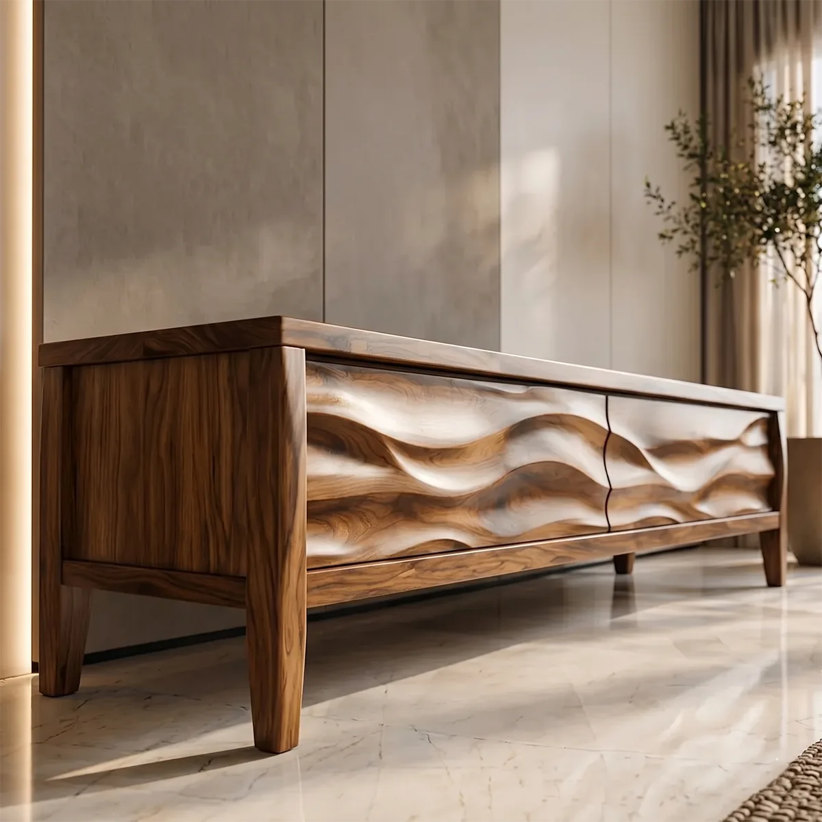 Modern Solid Wood 3D Wavy Carved TV Stand