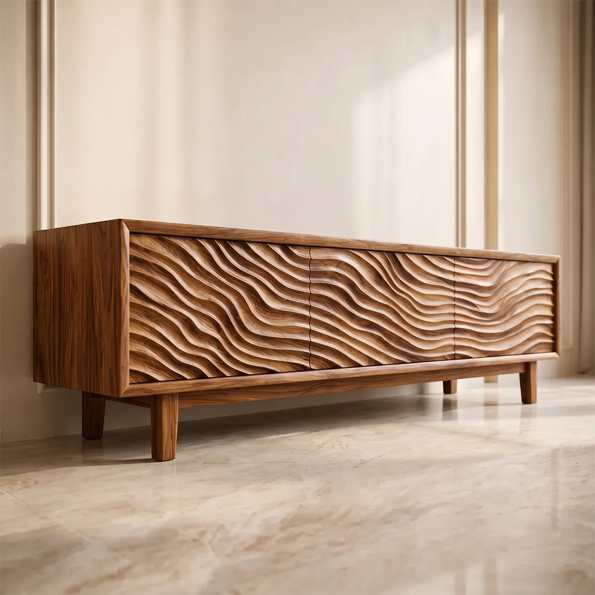 Modern Solid Wood Three Door Wavy Carved TV Stand