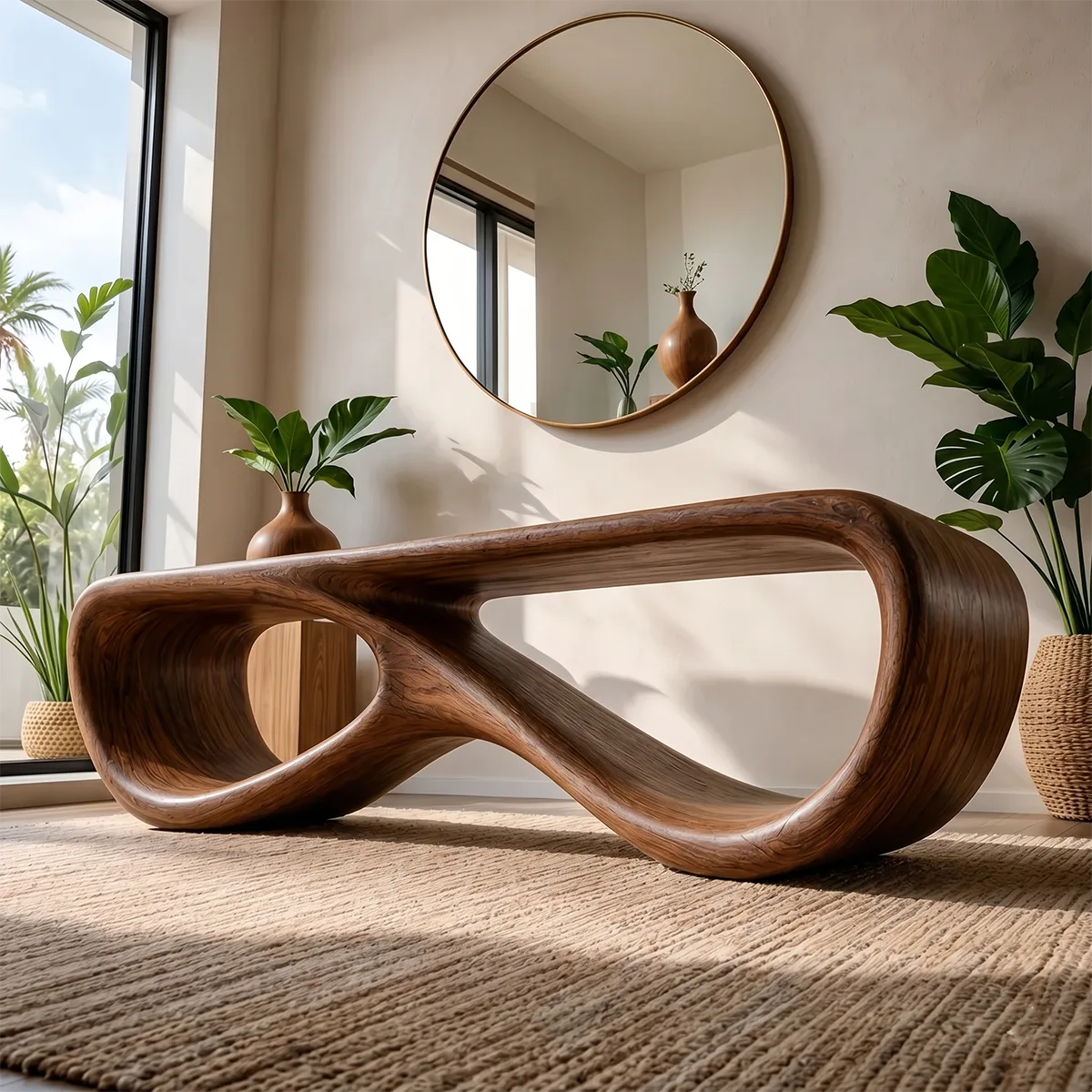 Organic Sculptural Solid Wood Bench for Modern Living Room and Entryway