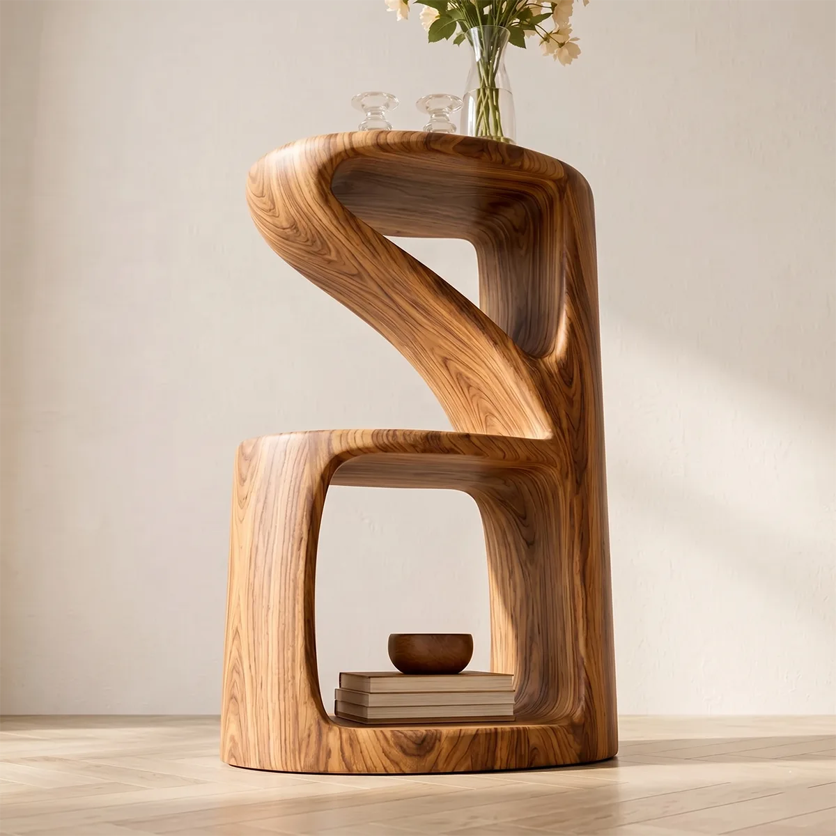 Handcrafted Solid Wood Side Table Sculptural Open Shelf Accent Table
