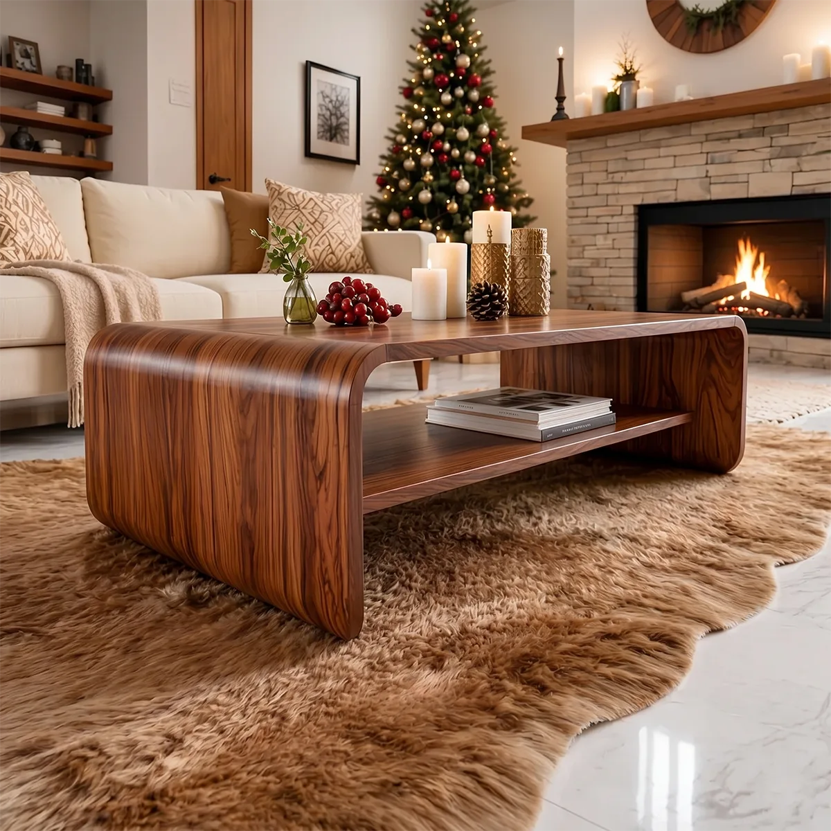 Modern Solid Wood Waterfall Coffee Table with Storage Shelf