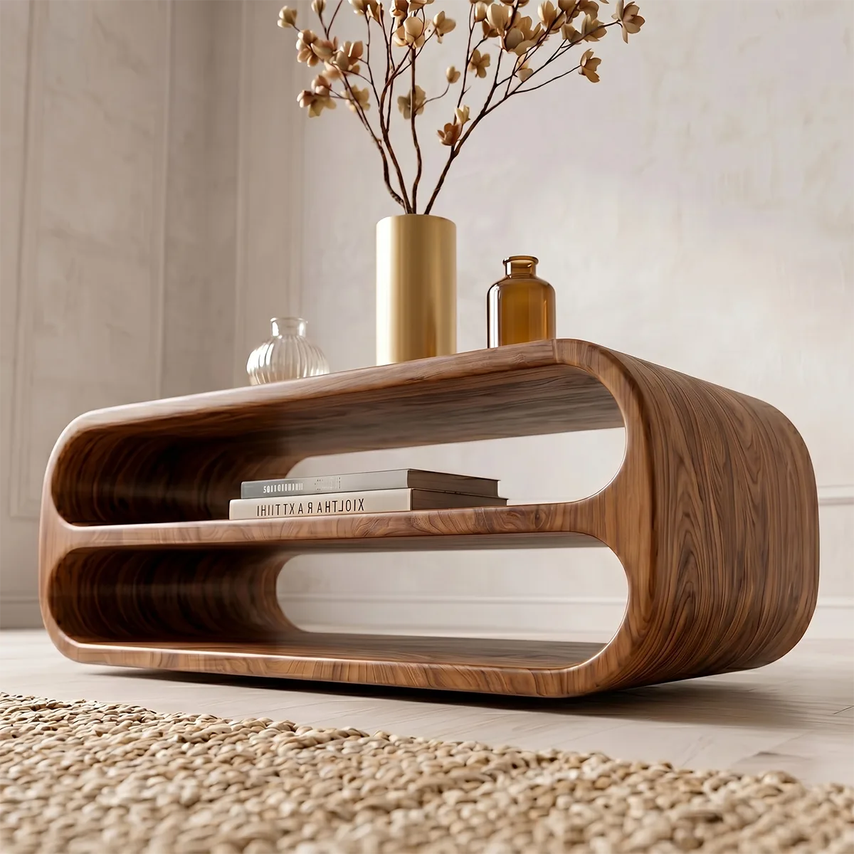 Modern Solid Wood Rounded Coffee Table with Double Open Storage