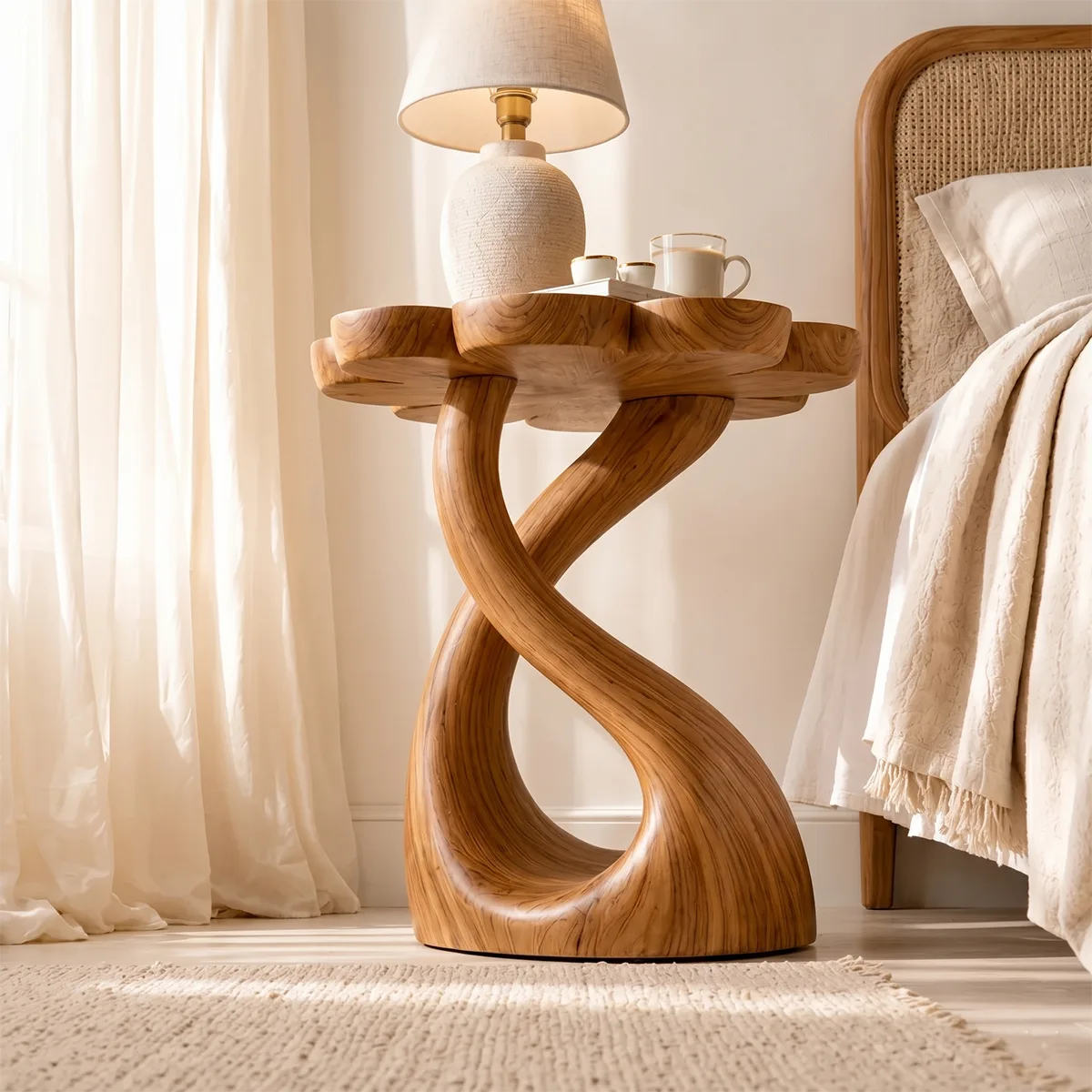 Flower-Shaped Wooden Nightstand With Sculptural Twisted Base
