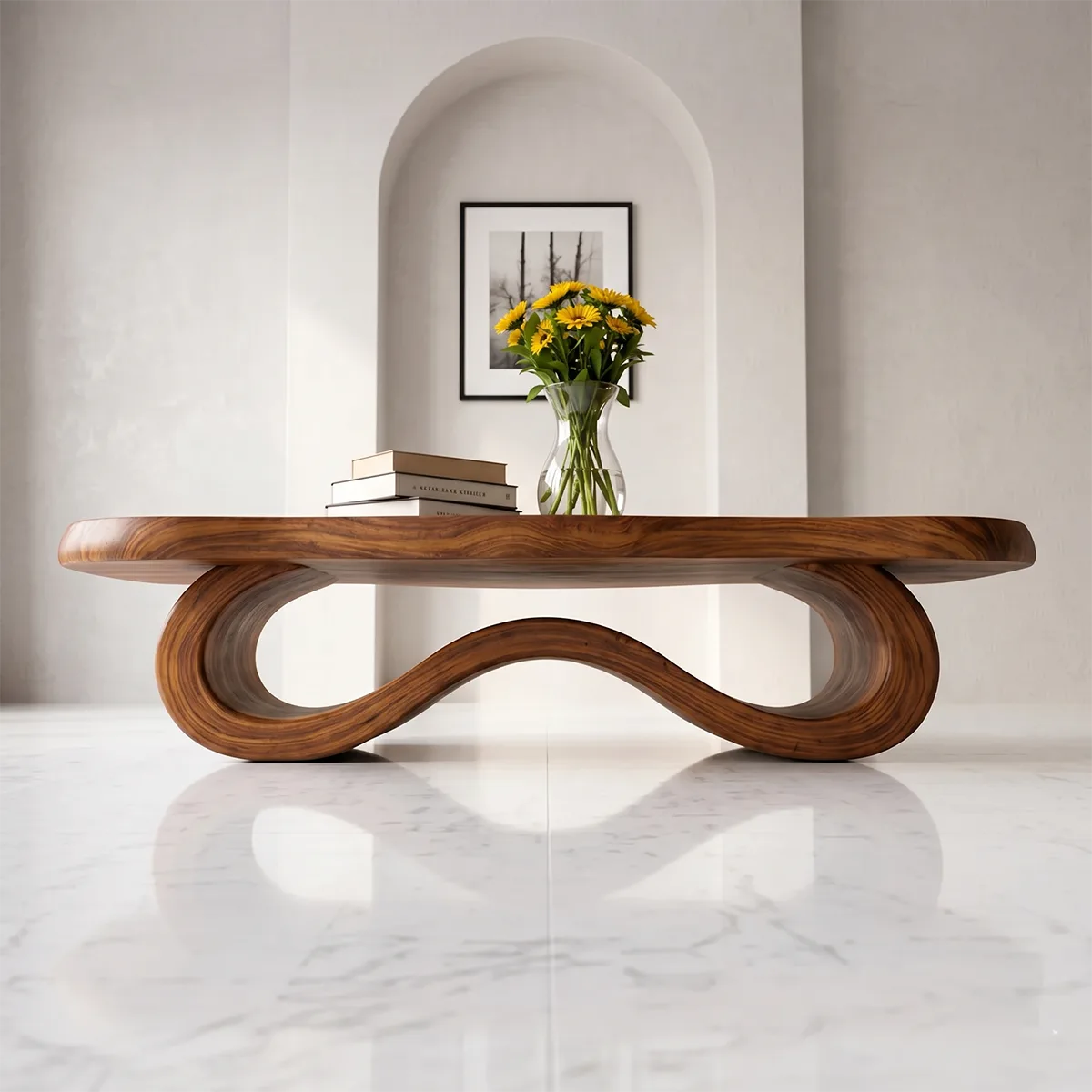 Modern Solid Wood Sculptural Coffee Table with Ribbon Base