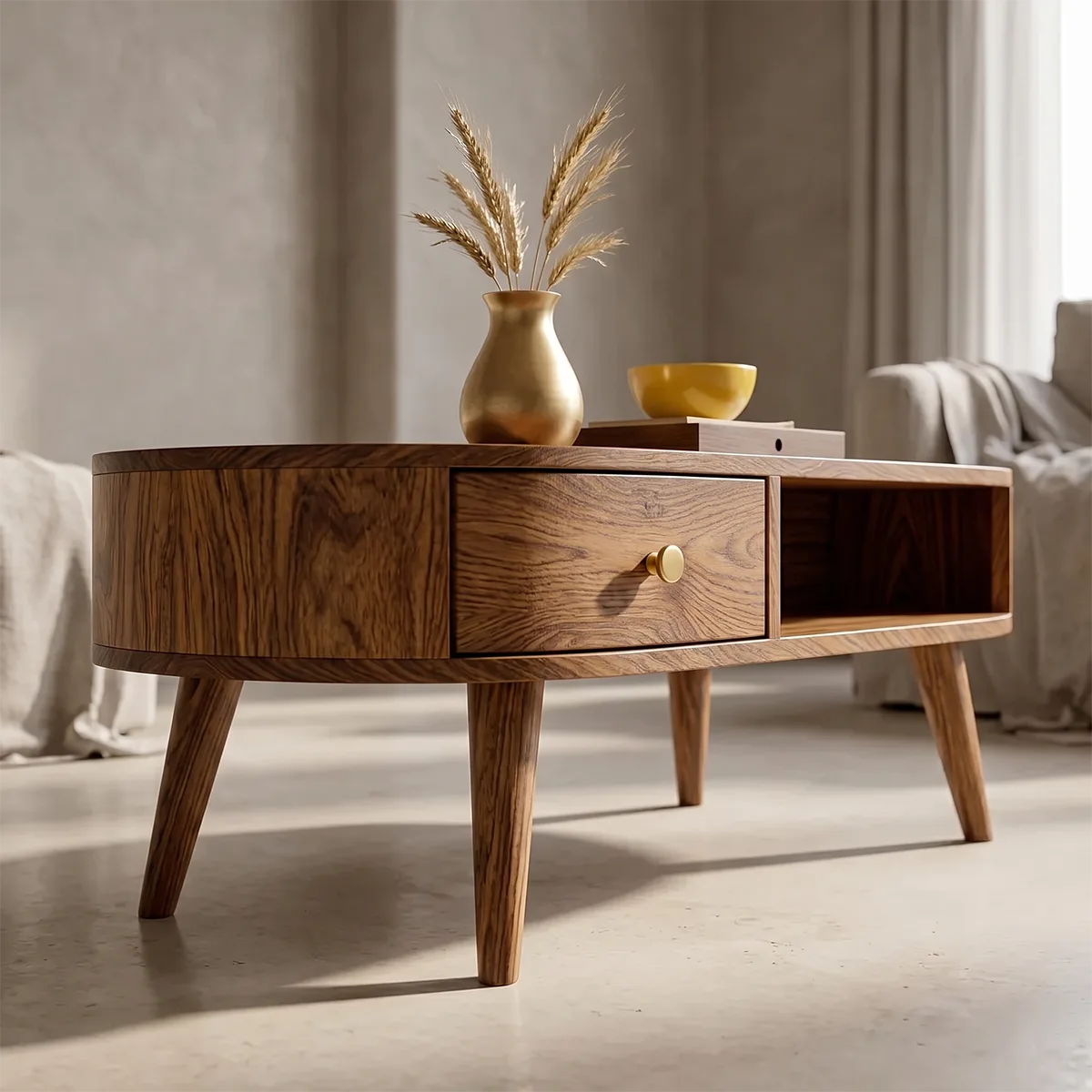 Mid Century Modern Solid Wood Oval Coffee Table with Drawer and Shelf