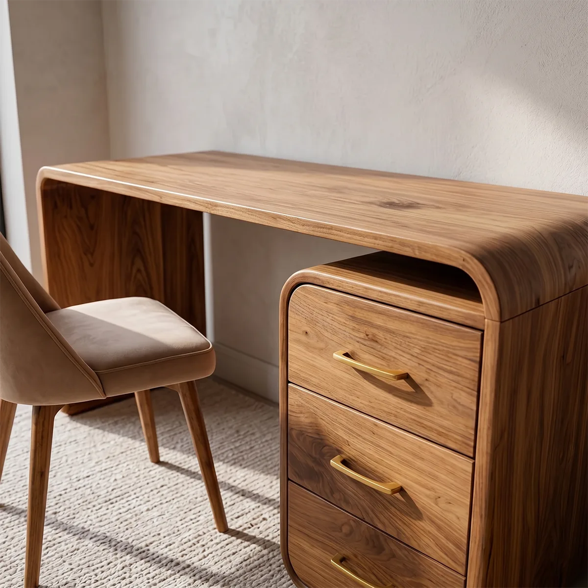 Curved Solid Wood Vanity Desk with Drawer Storage
