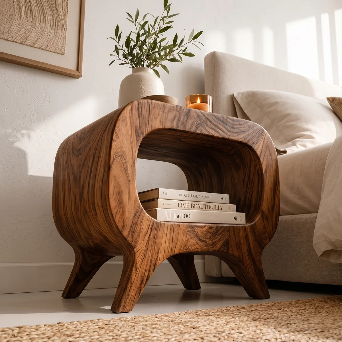 Solid Wood Nightstand with Open Shelf Storage