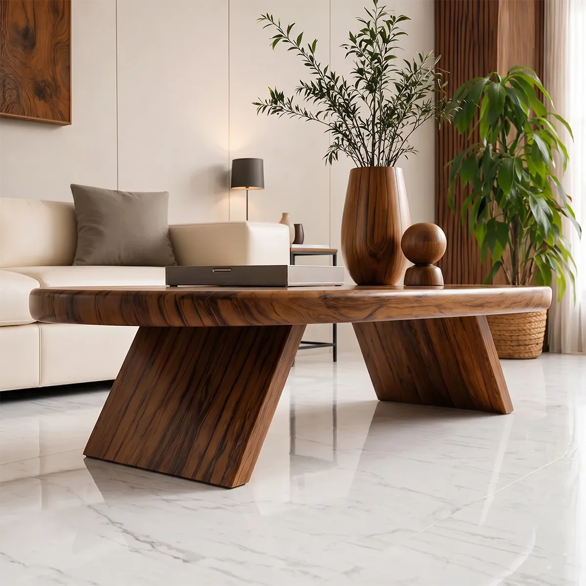 Modern Solid Wood Oval Coffee Table with Slanted Pedestal Legs