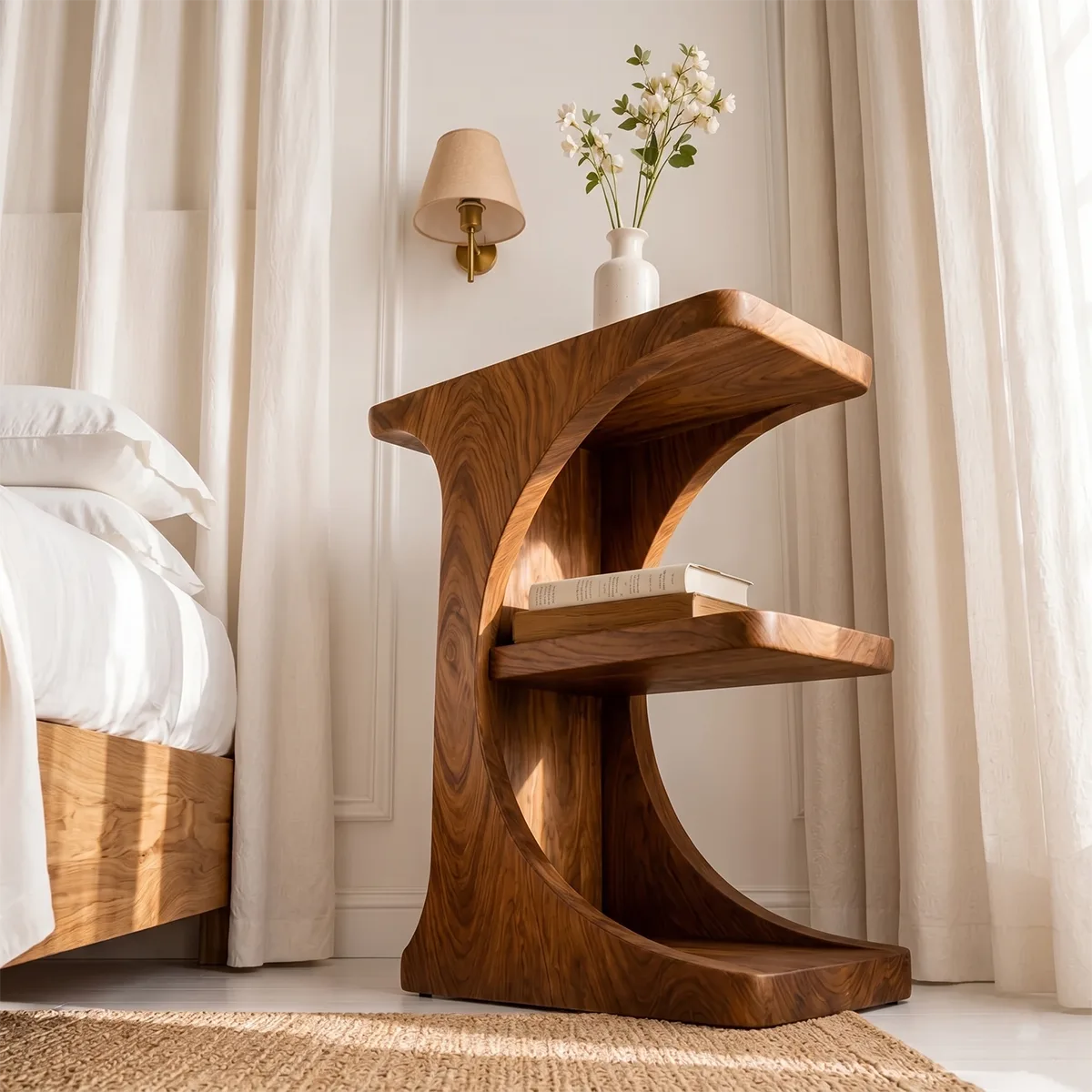 Sculptural Solid Wood Nightstand with Curved Open Shelf