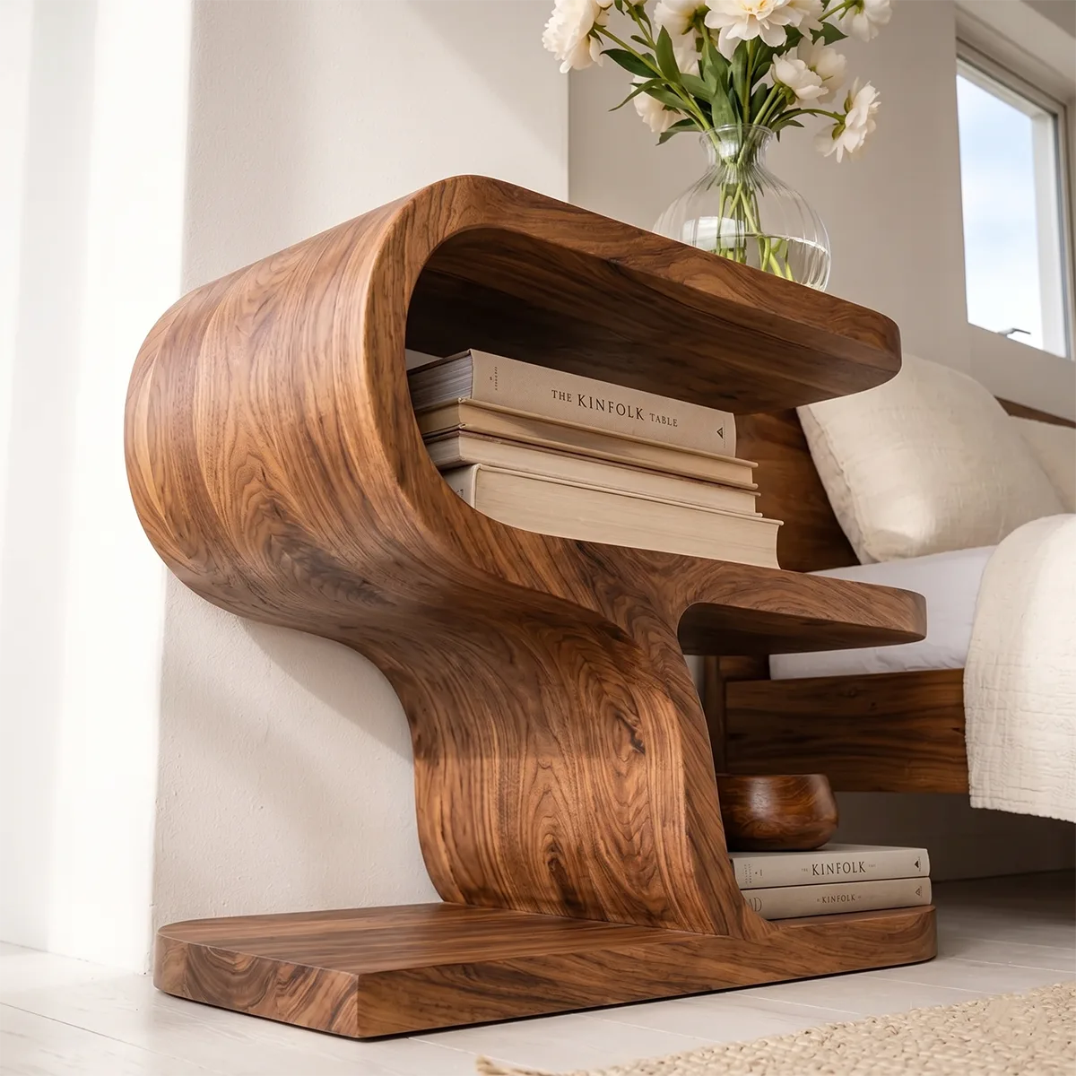 Modern Sculptural Wooden Nightstand with Open Storage Shelves