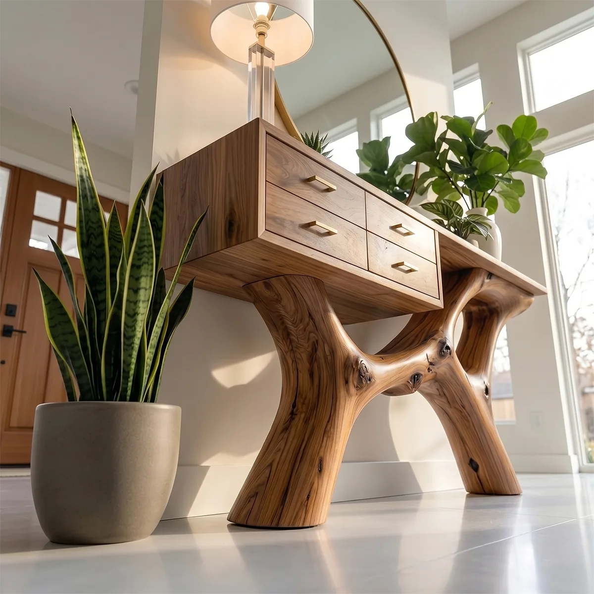 Luxury Wood Console Table with Drawers Curved Base Hallway Table