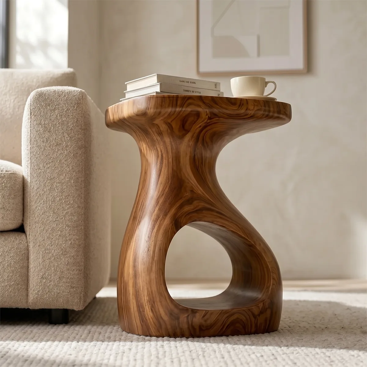 Solid Wood Side Table with Open Shelf | Sculptural End Table TH003-2155