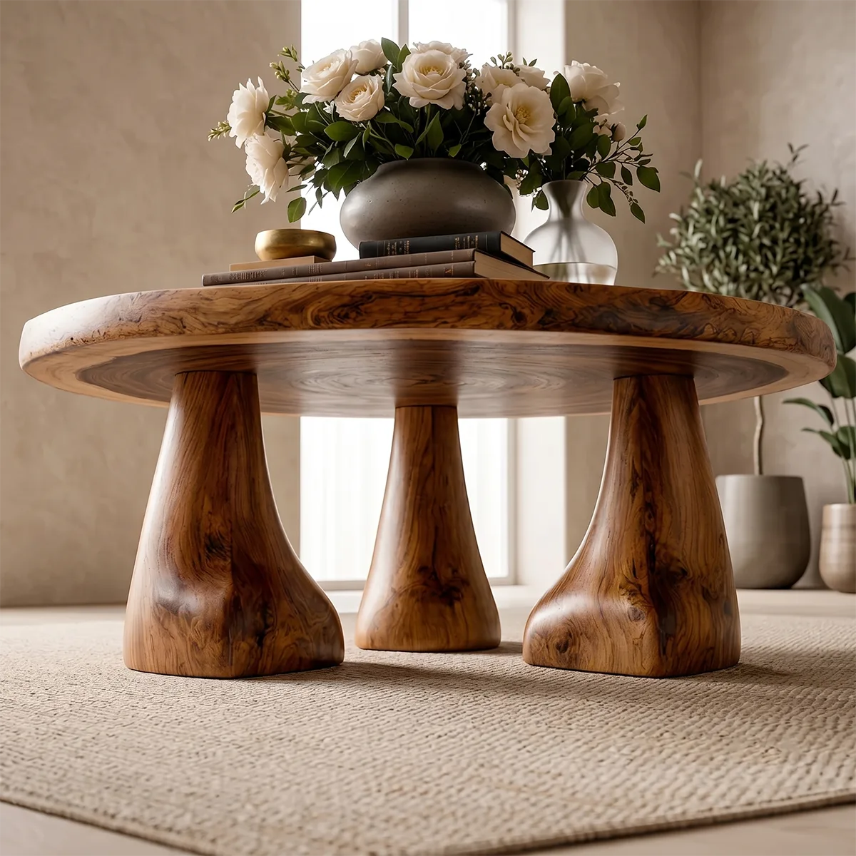 Round Solid Wood Coffee Table – Sculptural Pedestal Design TH003-7271