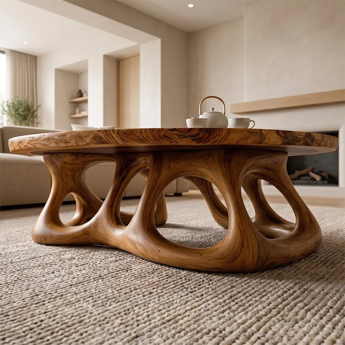 Round Solid Wood Coffee Table – Organic Sculptural Base Design TH003-6720