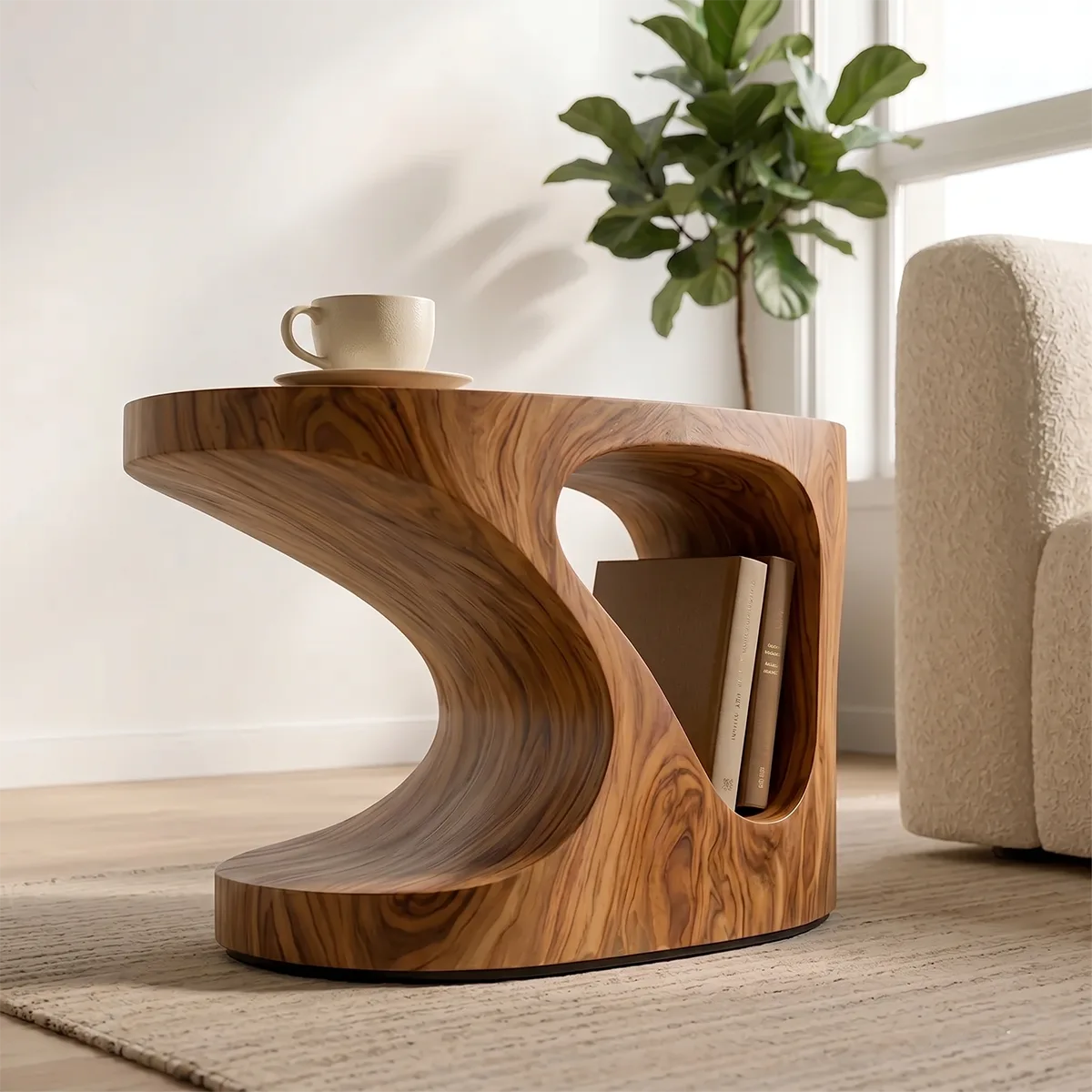 Solid Wood Side Table with Book Storage | Sculptural Design End Table TH003-9003