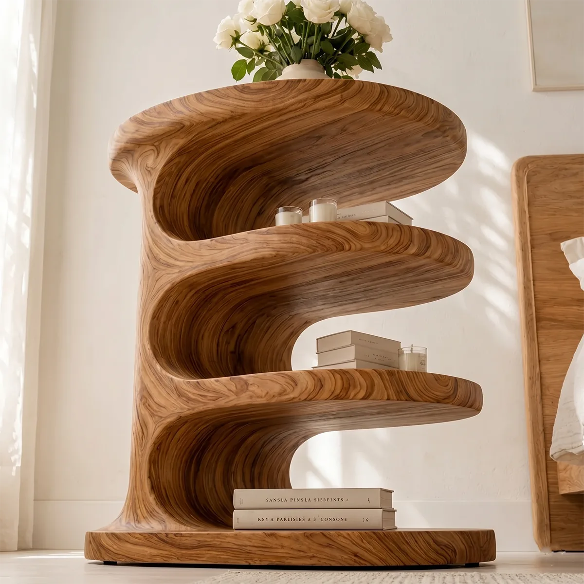Handcrafted Solid Wood Round Nightstand Organic Open Shelf Bedside Table