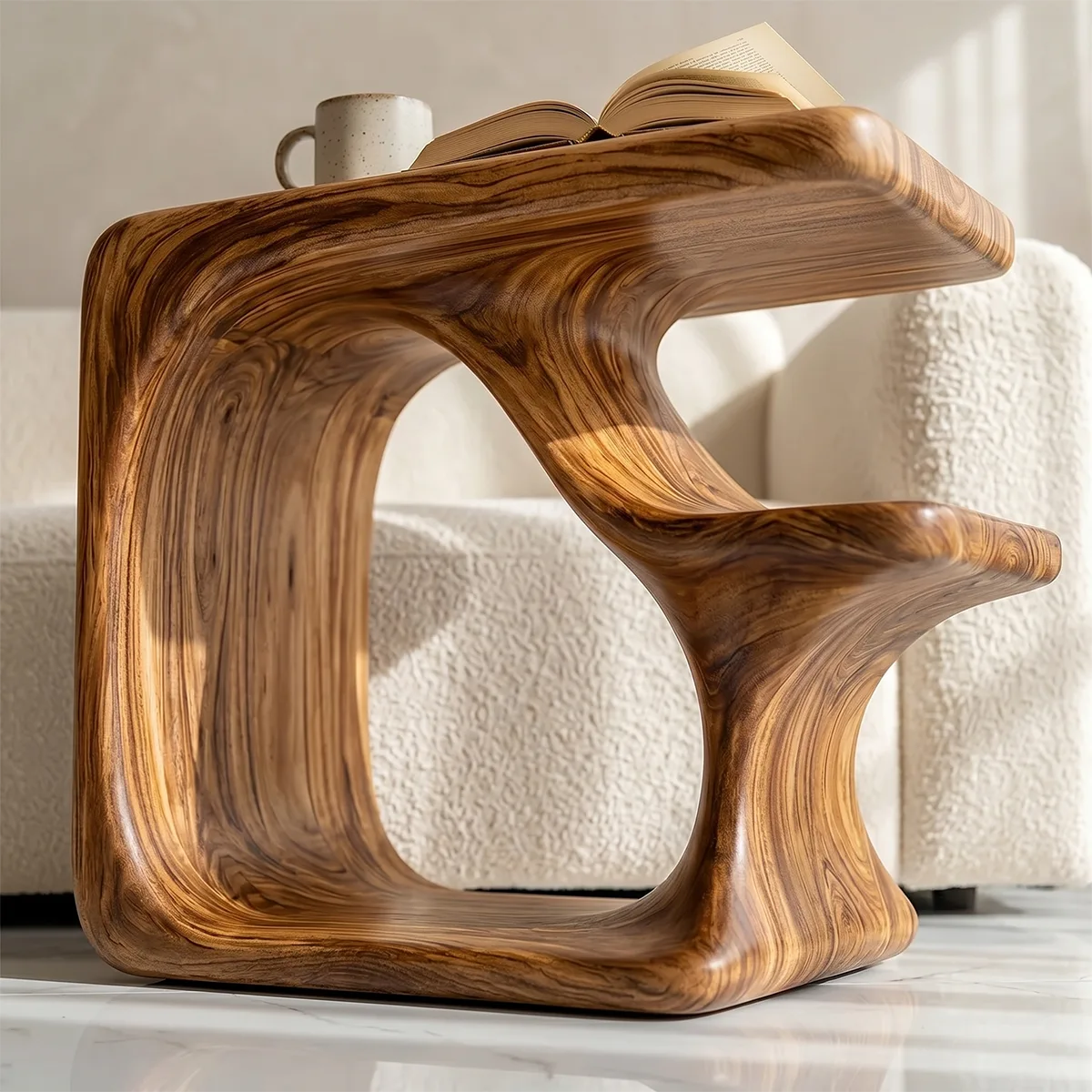 Solid Wood C-Shaped Side Table with Shelf | Sculptural Design TH003-8802