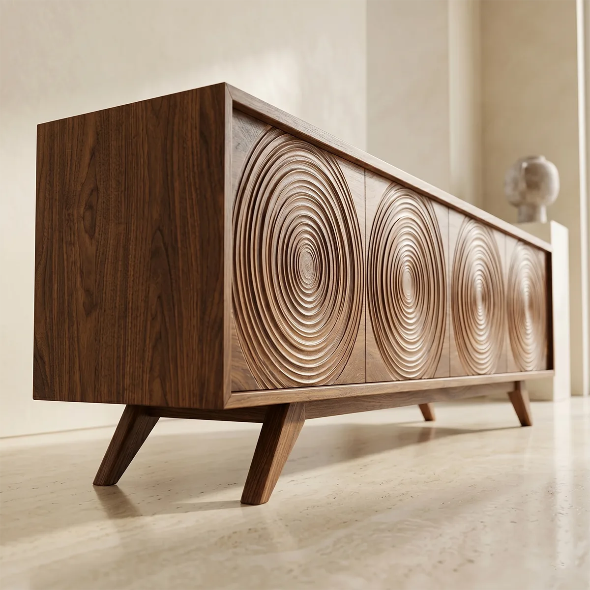 Mid Century Modern Solid Wood Carved Door TV Stand
