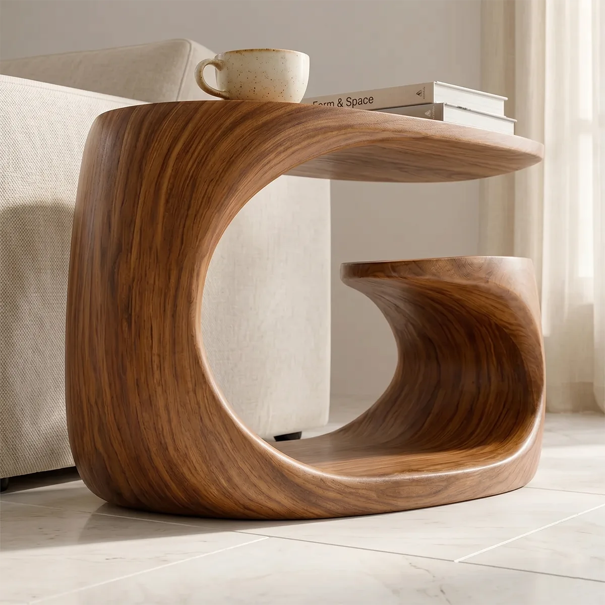 Handcrafted Solid Wood End Table with Open Shelf – Sculptural Japandi Side Table for Living Room TH003-8927