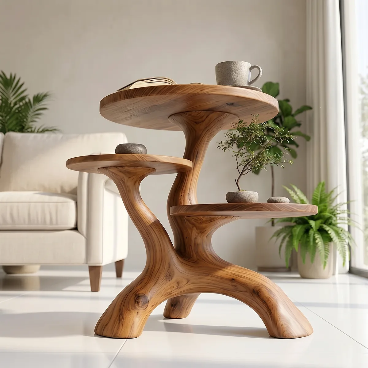 Handcrafted Solid Wood 3-Tier End Table – Sculptural Organic Side Table TH003-2515
