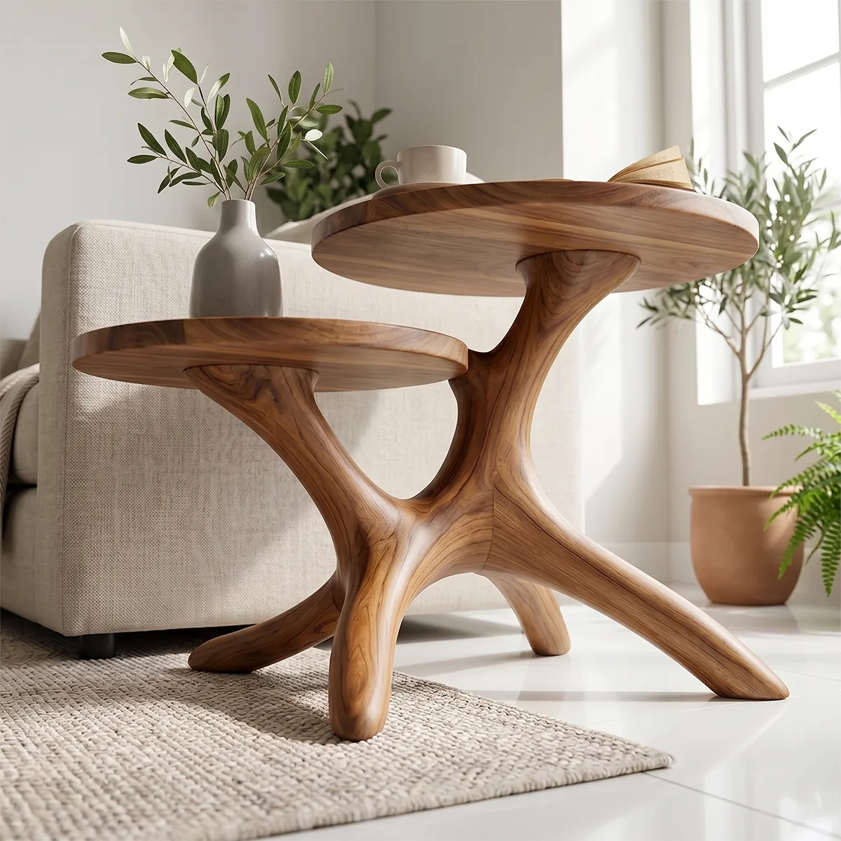 Handcrafted Solid Wood 2-Tier End Table – Sculptural Organic Side Table for Living Room TH003-8682