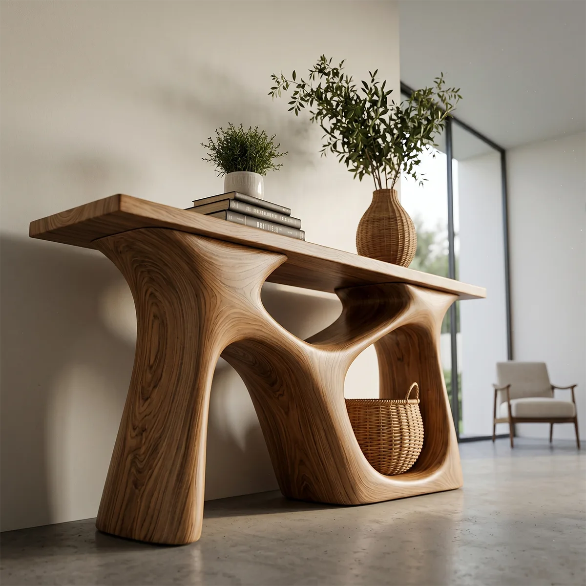 Handcrafted Solid Wood Console Table – Sculptural Foyer Decor