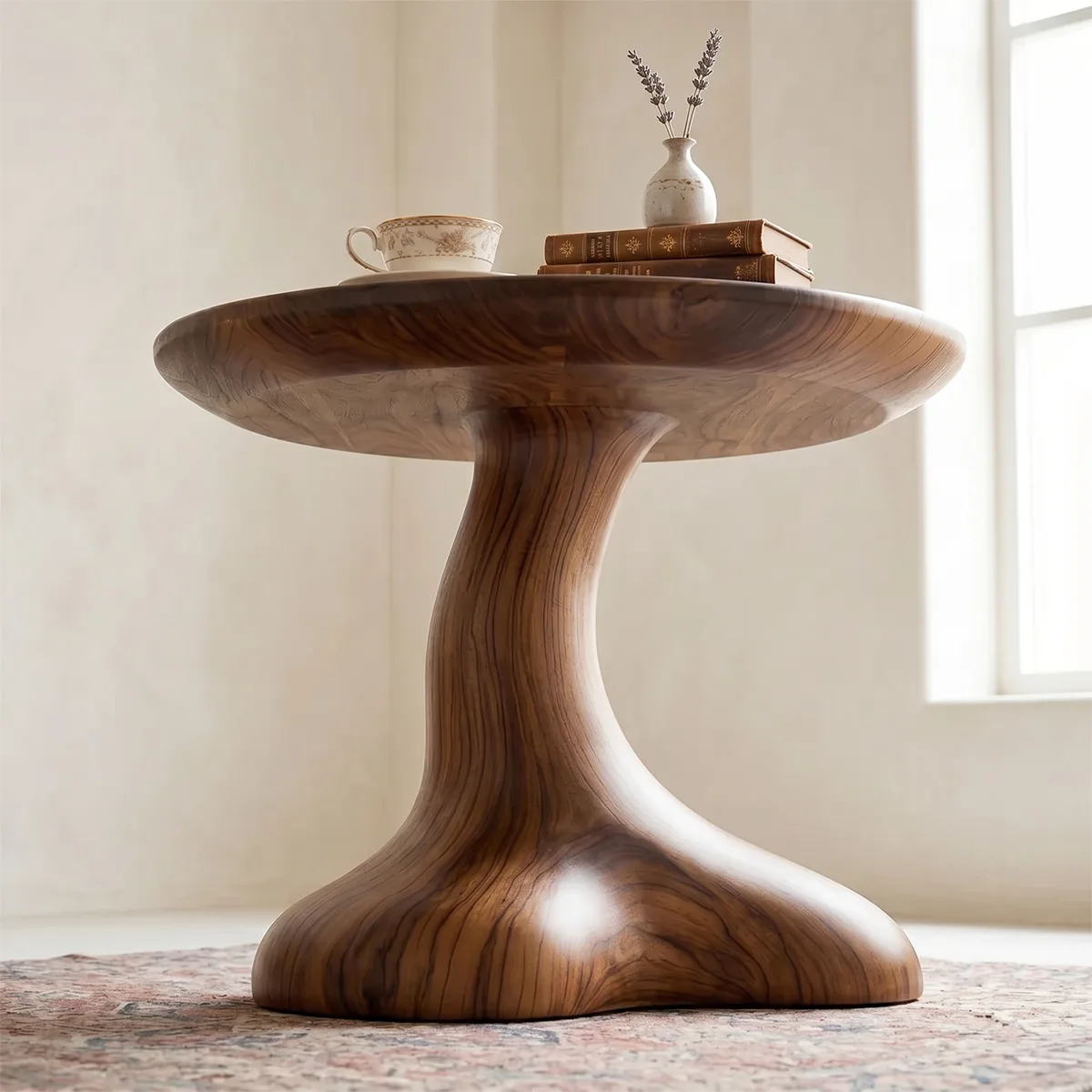 Sculptural Solid Wood Side Table, Round Pedestal End Table TH003-1065