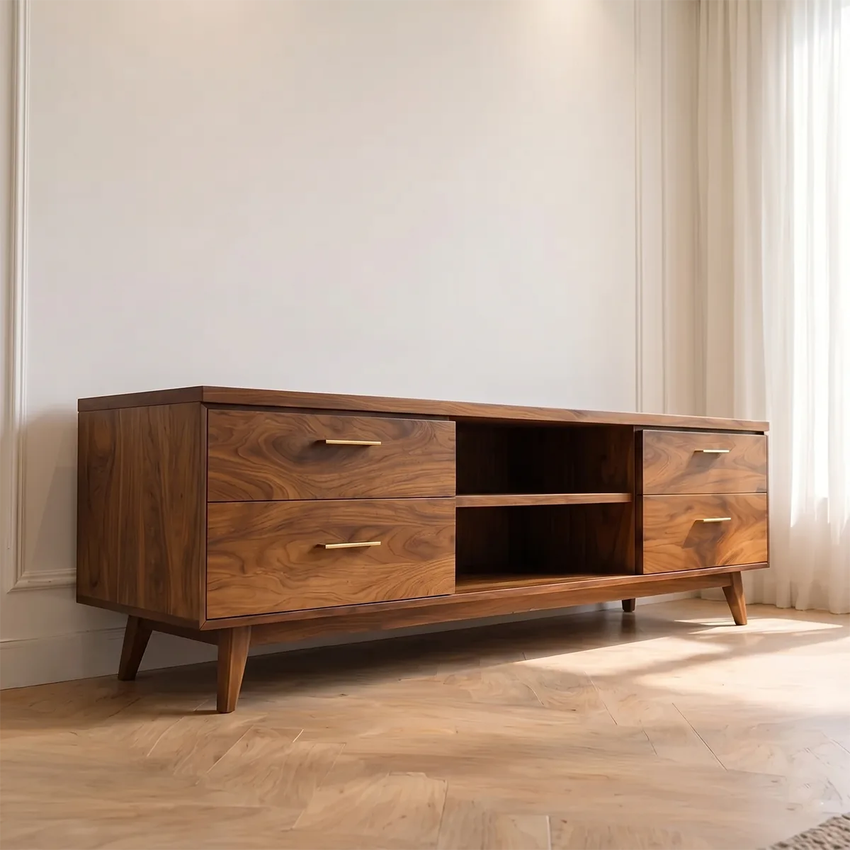 Solid Wood TV Stand with 4 Drawers and Open Center Shelves