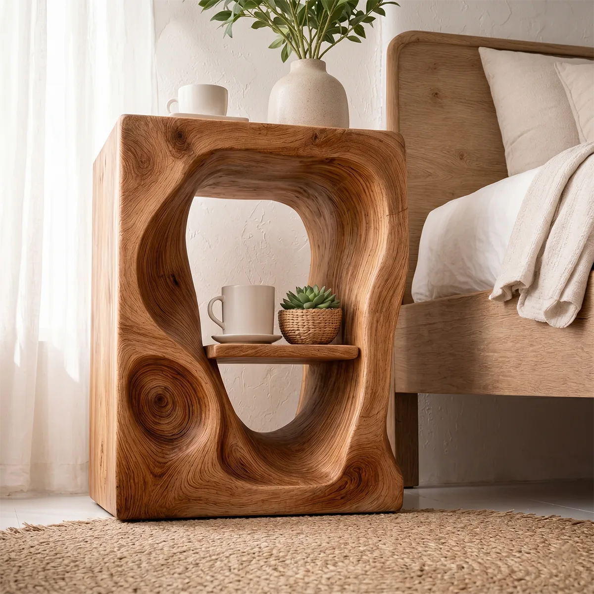 Organic Sculptural Wooden Nightstand with Open Shelf