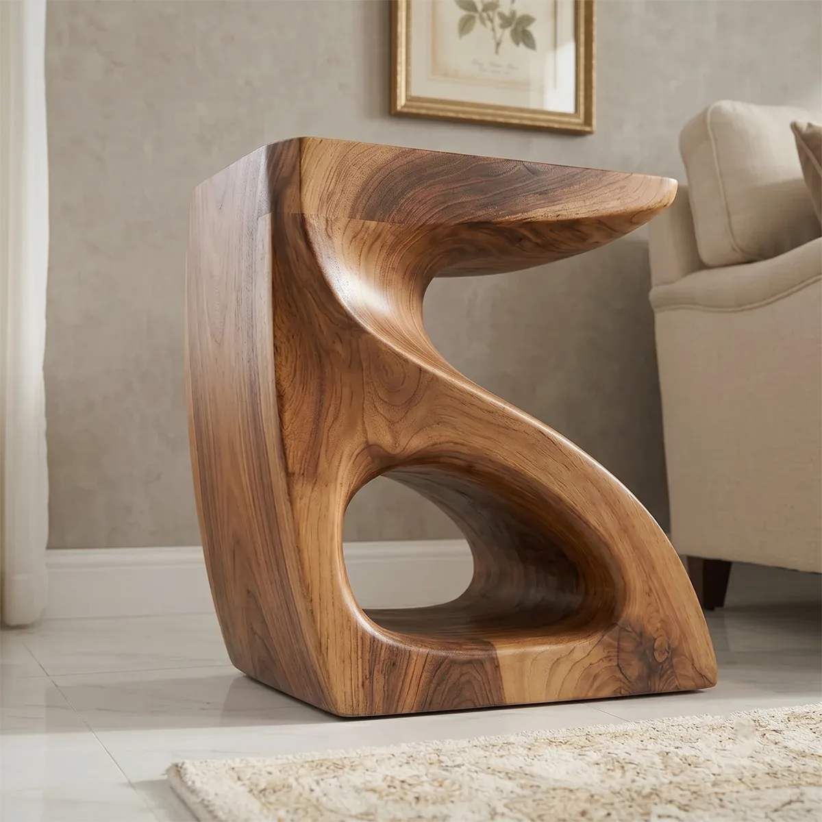 Handcrafted S-Shaped Solid Wood Side Table | Sculptural End Table TH003-2497
