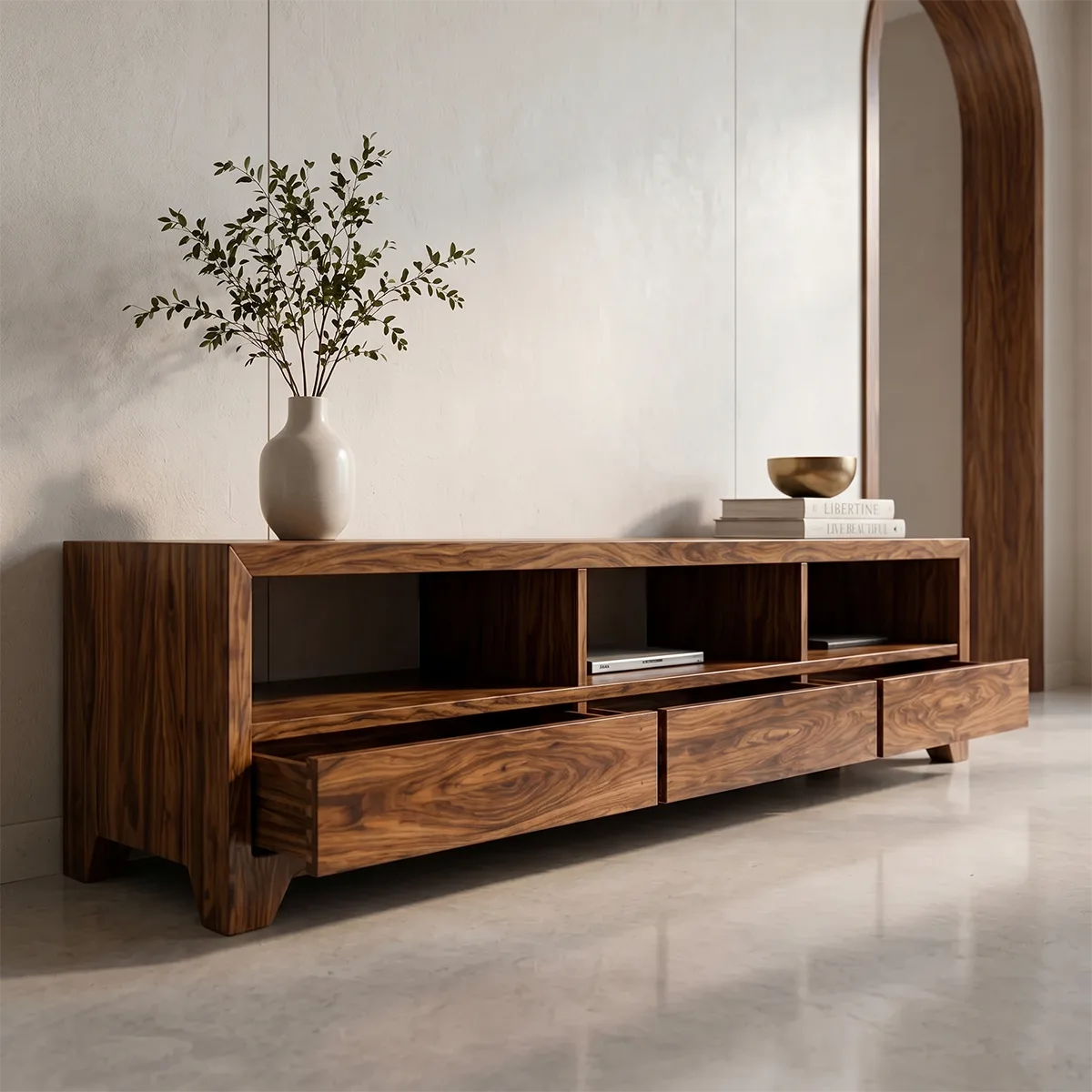 Minimalist Media Console with Open Shelves and 3 Drawers