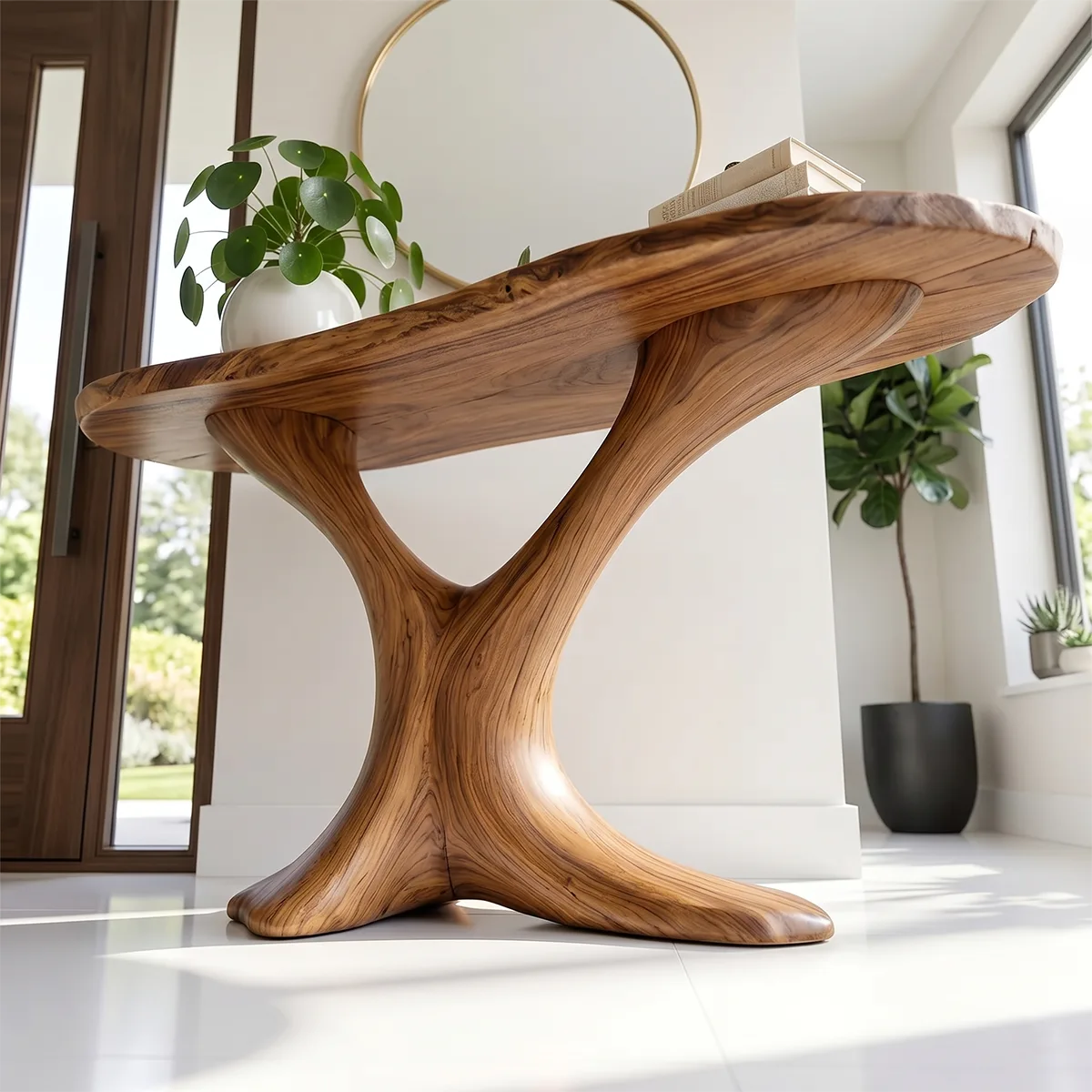 Sculptural Natural Wood Console Table for Entryway