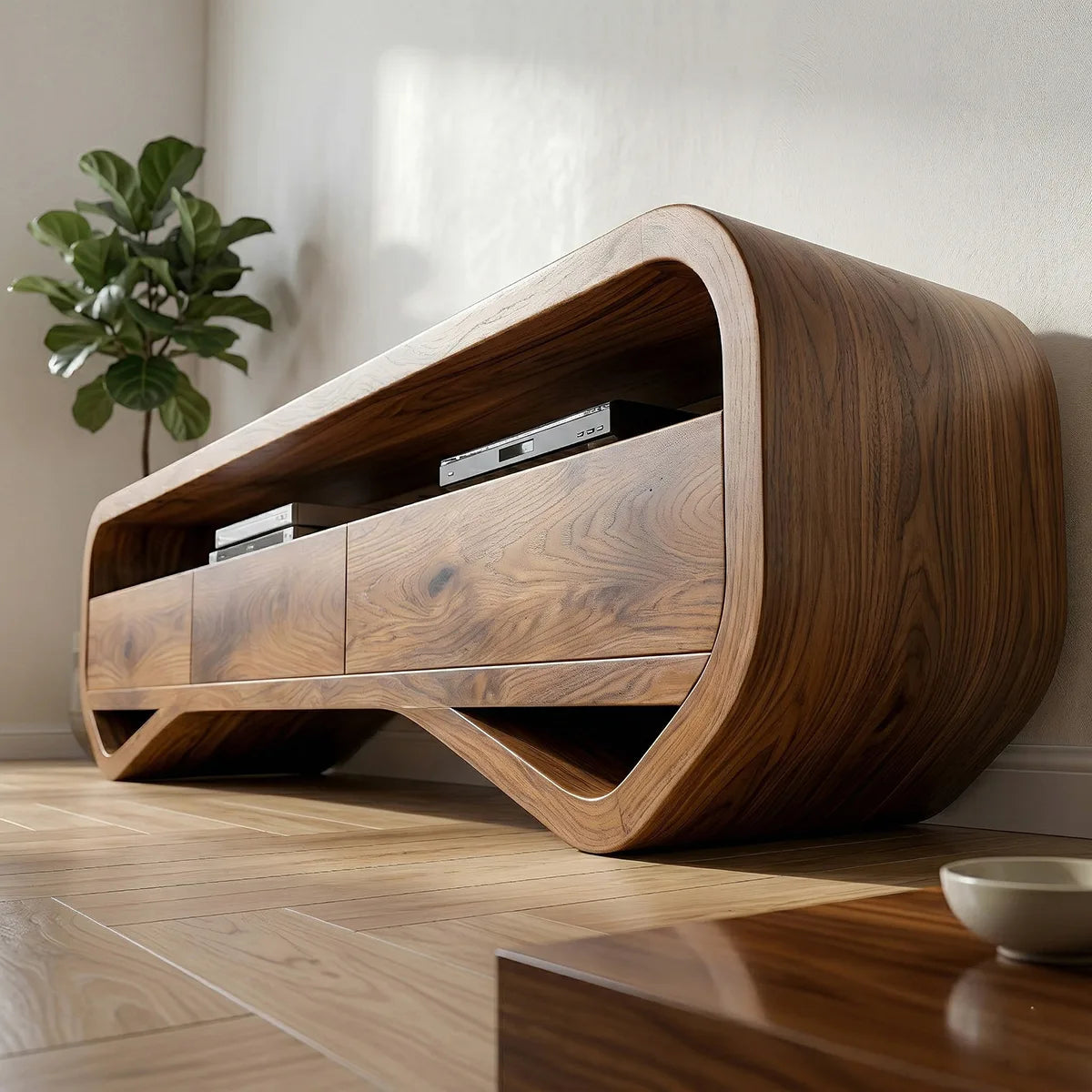 Solid Wood TV Stand with Curved Open Shelves and 3 Drawers