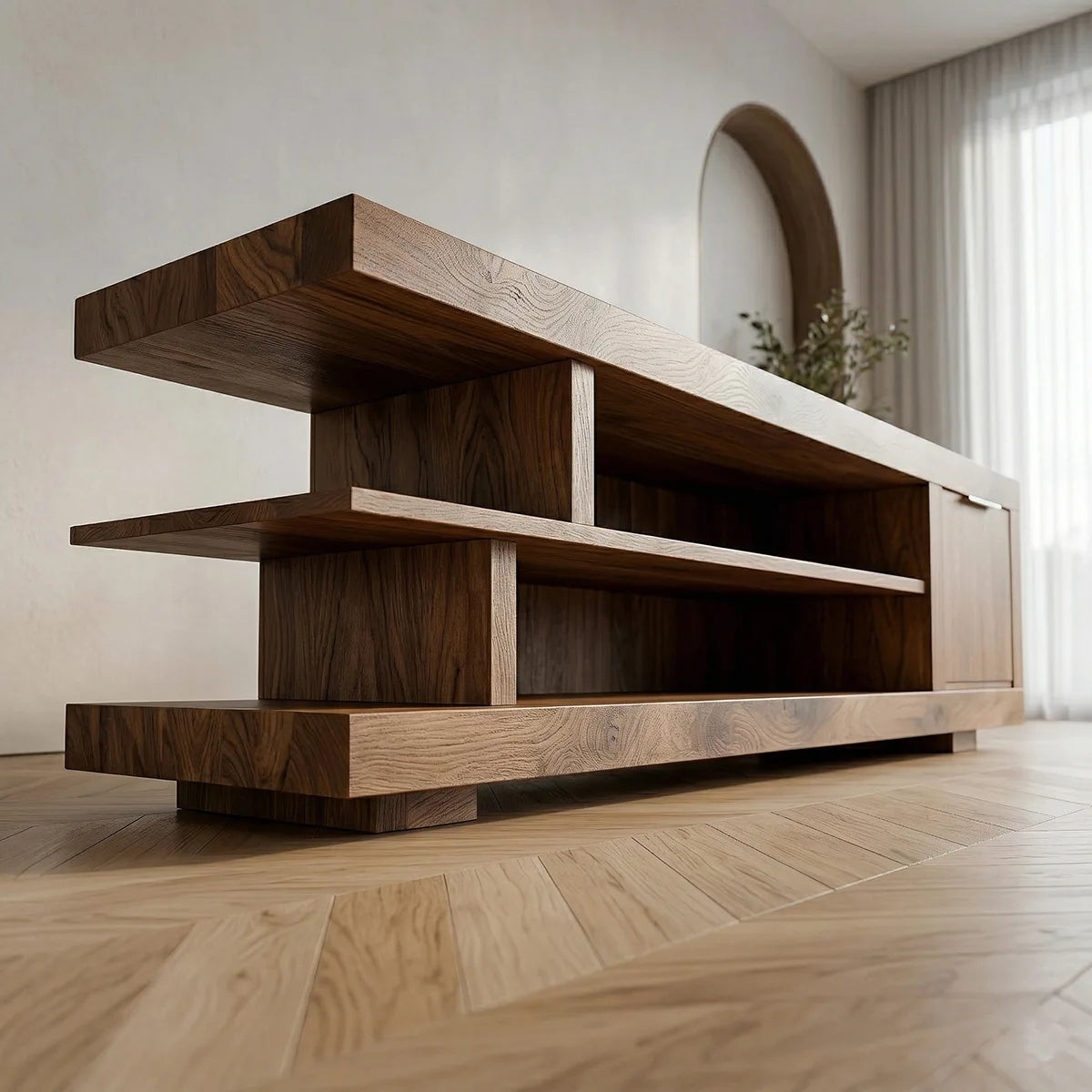 Solid Wood TV Cabinet with Open Shelves and Side Door Storage
