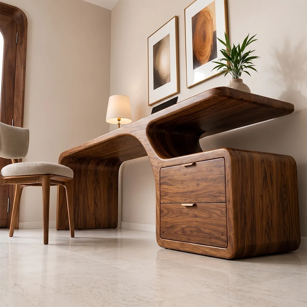 Solid Wood Executive Desk – Modern Organic Curved Writing Desk with Drawers TH003-3280